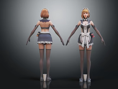 Women in Maid Outfits Front Back View With Brown Hair Frilled Apron Gloves Stockings 3d model