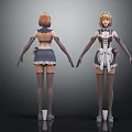 Women in Maid Outfits Front Back View With Brown Hair Frilled Apron Gloves Stockings