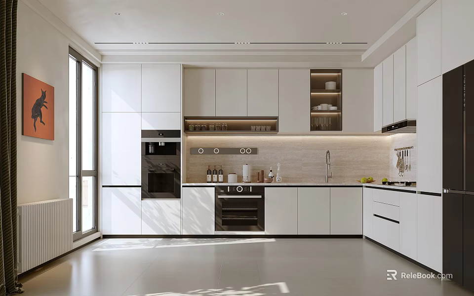 Modern Open Kitchen Interior Design With White Cabinets Island Counter And Appliances 3d model 