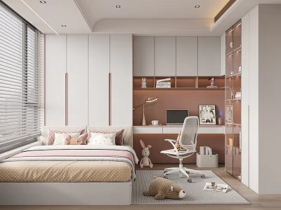 Modern Tatami Bedroom Interior With Window Blinds Desk Chair And White Cabinets 3d model