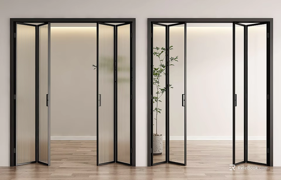 Modern Folding Doors with Black Frames and Glass Panels in Interior Space 3d model 