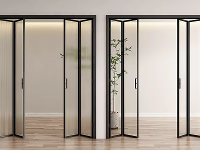 Modern Folding Doors with Black Frames and Glass Panels in Interior Space 3d model