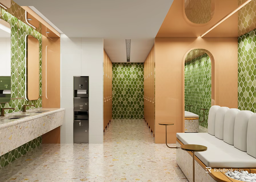 Modern Public Restroom Interior With Green Geometric Tile Walls White Vanity And Beige Floor 3d model 