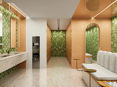 Modern Public Restroom Interior With Green Geometric Tile Walls White Vanity And Beige Floor 3d model