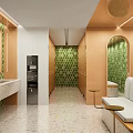 Modern Public Restroom Interior With Green Geometric Tile Walls White Vanity And Beige Floor