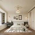 Elegant Bedroom Interior With Ornate Ceiling Chandelier Floral Bedspread And Wooden Floor