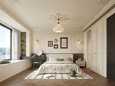 Elegant Bedroom Interior With Ornate Ceiling Chandelier Floral Bedspread And Wooden Floor 3d model