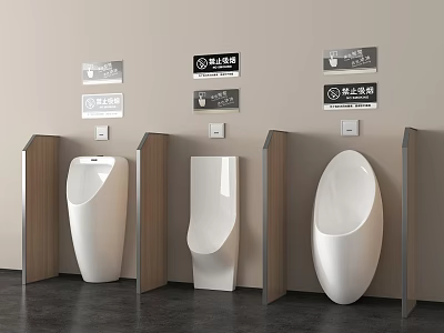 Modern White Urinals with Wooden and Metal Dividers and Signs in Public Restroom 3d model