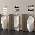 Modern White Urinals with Wooden and Metal Dividers and Signs in Public Restroom