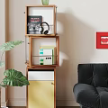 Wooden Shelf with Yellow Door Camera Lamp and Blue Vase in Living Room