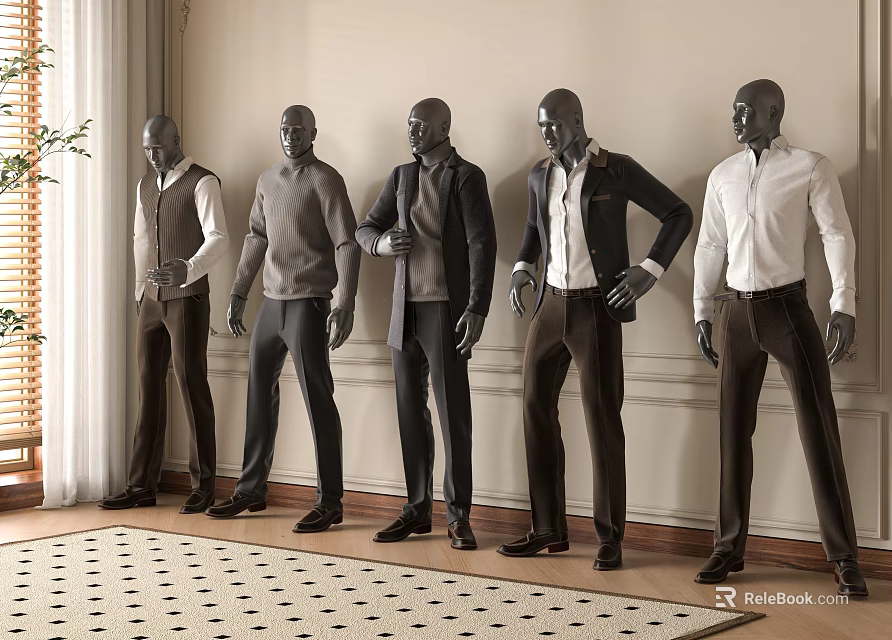 Elegant Men's Clothing Store Indoor Display With Mannequins In Suits Shirts And Vests 3d model 