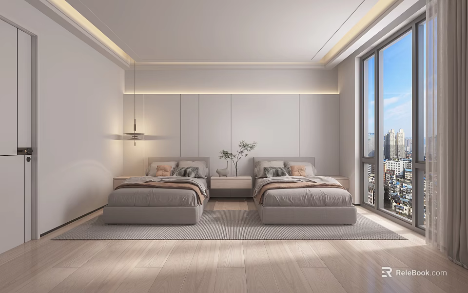 Modern Bedroom With Twin Beds Wooden Floor Large Window City View Nightstands And Potted Plant 3d model 