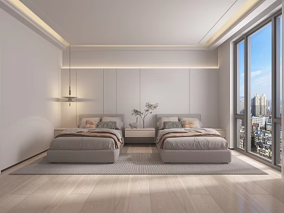 Modern Bedroom With Twin Beds Wooden Floor Large Window City View Nightstands And Potted Plant 3d model