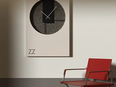 Modern Wall Mounted Clock With Textured Dial And Red Accent Chair In Minimalist Room 3d model