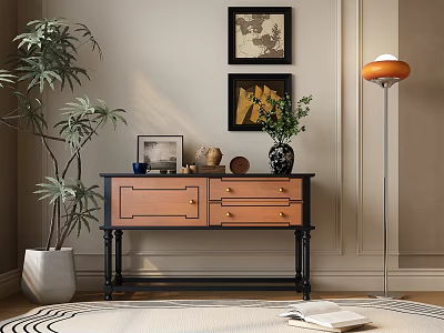 Stylish Console Table With Black Frame Wooden Drawers And Potted Plant Framed Artworks Floor Lamp 3d model