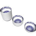 Blue and White Porcelain Dinnerware Set With Floral Patterns And Stackable Bowls 3d model