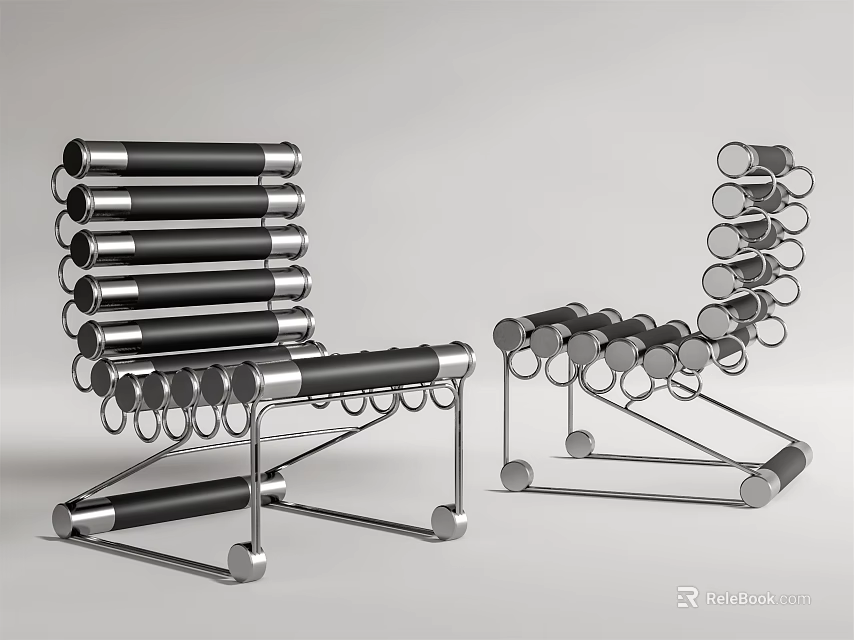 Modern Leisure Chair Featuring Black Stacked Layers And Metal Circular Rings Frame 3d model 
