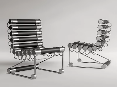 Modern Leisure Chair Featuring Black Stacked Layers And Metal Circular Rings Frame 3d model