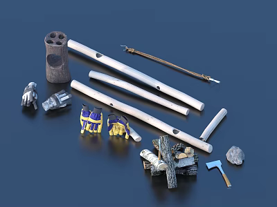Practical Daily Living Tools With Wooden Sticks Bow Drill Metal Axe Stones And Small Accessories 3d model