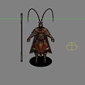 Monkey King In Golden Armor With Feathered Headdress Red Cape Golden Staff Three Angles View