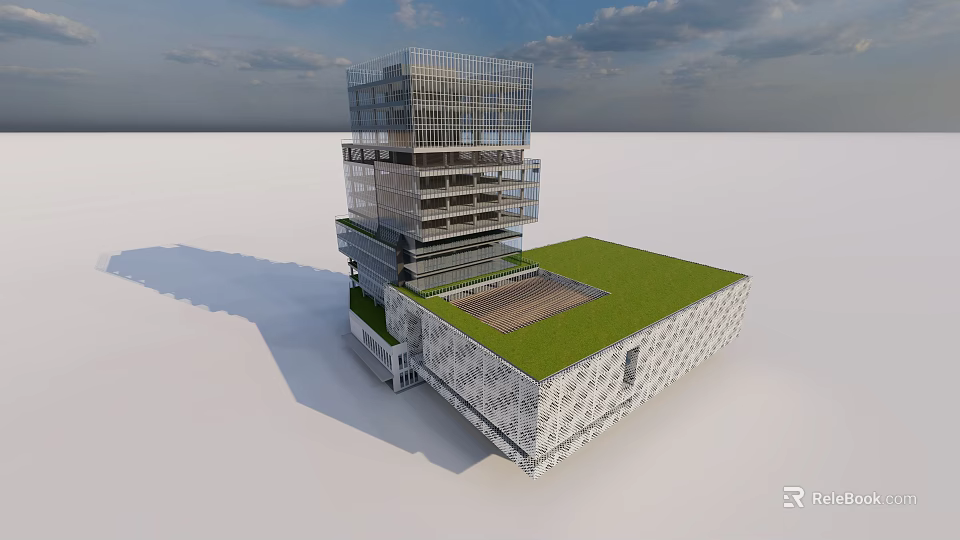 Contemporary Multi Story Office Building With Glass Facade And Green Roof 3d model 
