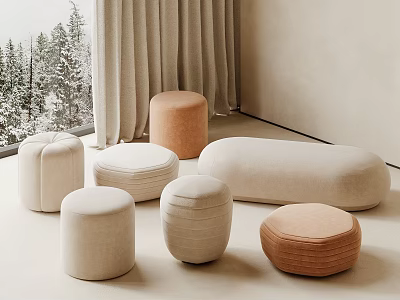 Round Upholstered Stools In Indoor Space With Beige Light Brown Hues And Snowy Landscape View 3d model