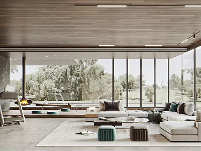 Modern Living Room Interior With Large Windows Natural View Sofa And Coffee Tables 3d model