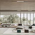 Modern Living Room Interior With Large Windows Natural View Sofa And Coffee Tables