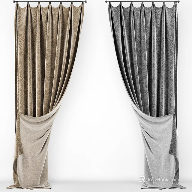 Brown And Gray Textured Curtains With Elegant Drapery For Home Interior Decor 3d model 