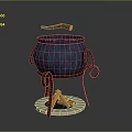 Blue Cooking Pot With Handles On Metal Stand Over Wood Log Fire