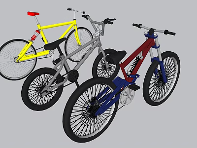 Colorful Bicycles in Yellow Silver and Red with Modern Stylish Frames 3d model