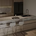 Modern Kitchen Interior With Wooden Cabinets Black Refrigerator Island Countertop And Bar Stools