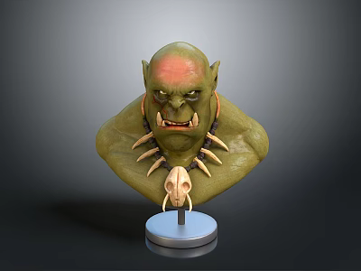 Green Skinned Orc Game Movie Character Bust With Red Forehead Tusk Necklace And Silver Base 3d model
