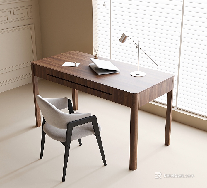 Modern Wooden Desk Interior With Gray Chair Desk Lamp And Window Blinds 3d model 