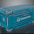 Blue Shipping Container With Sketchfab Logo And Metal Corrugated Surface