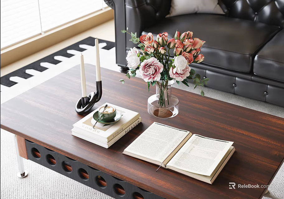 Elegant Decorative Ornaments Set for Living Room Wooden Coffee Table with Flowers Books and Candles 3d model 