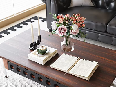 Elegant Decorative Ornaments Set for Living Room Wooden Coffee Table with Flowers Books and Candles 3d model