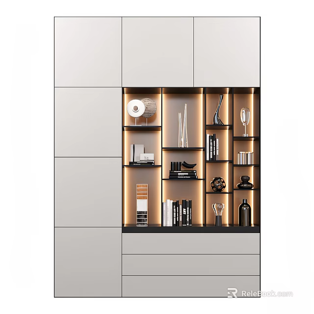 Modern Open Display Shelf With LED Lighting And Decorative Items On Layered Design 3d model