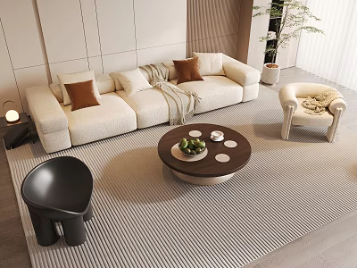 Beige Living Room Sofa and Coffee Table Set with Brown Cushions Striped Rug Green Plant 3d model