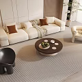 Beige Living Room Sofa and Coffee Table Set with Brown Cushions Striped Rug Green Plant