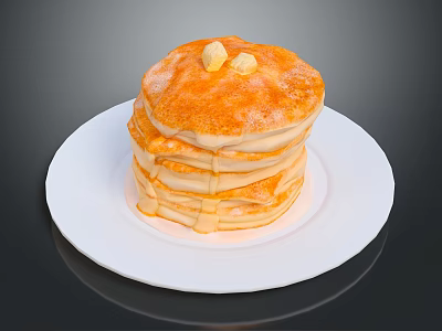Fluffy Stack of Pancakes Topped with Butter on White Plate 3d model