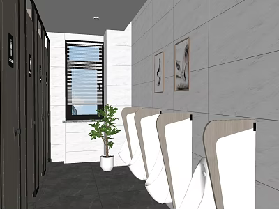 Modern Male Public Restroom With Stalls Urinals Window Plant And Gray Wall Tiles 3d model