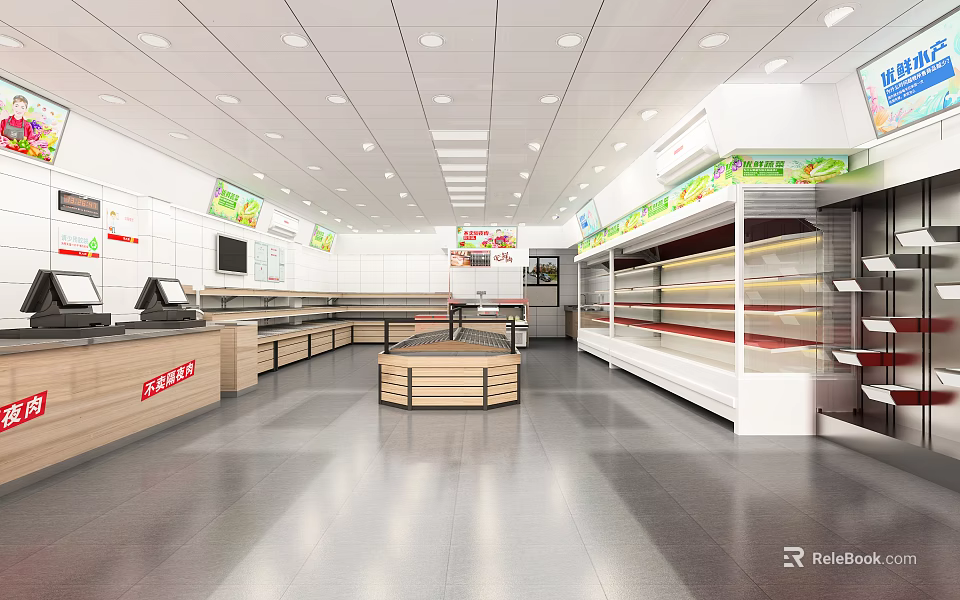 Modern Supermarket Department Store Interior with Bright Lighting Spacious Layout Shelves Product Displays and Checkout 3d model 