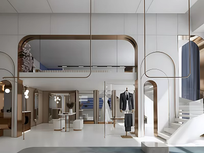 Modern Fashion Store Interior With Arched Mirrors White Gold Decor And Staircase 3d model
