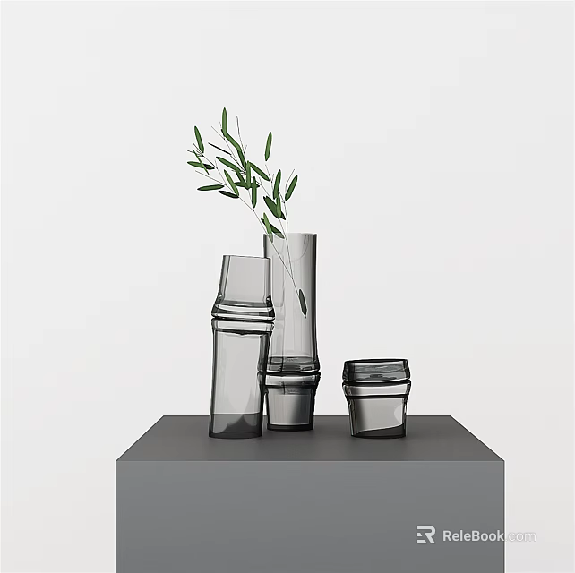 Glass Vases With Olive Branch In Various Shapes On Gray Pedestal 3d model 