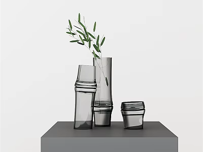 Glass Vases With Olive Branch In Various Shapes On Gray Pedestal 3d model