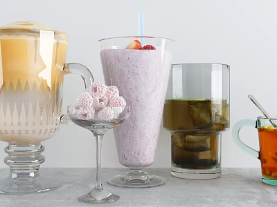 Different Types of Refreshing Beverages with Colorful Glasses and Fresh Fruit Toppings 3d model
