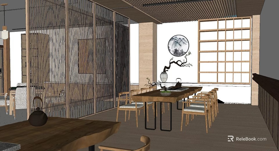 Hotel Mahjong Room Interior With Wooden Partition Lattice Window And Traditional Tea Set Decor 3d model 