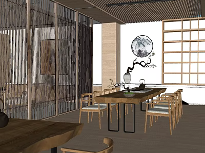 Hotel Mahjong Room Interior With Wooden Partition Lattice Window And Traditional Tea Set Decor 3d model