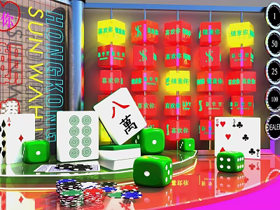 Vibrant Decorative Ornament Set Including Mahjong Tiles Green Dice Playing Cards And Poker Chips 3d model